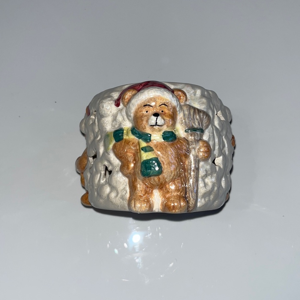 Christmas Holiday Ceramic Handmade Votive Candle Holder Accented w/ Bears Decor